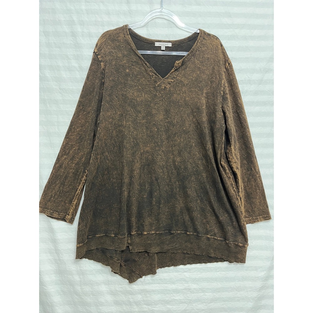 Jess & Jane Tunic Top 1X Brown Mineral Wash Long Sleeve Asymmetrical Artsy